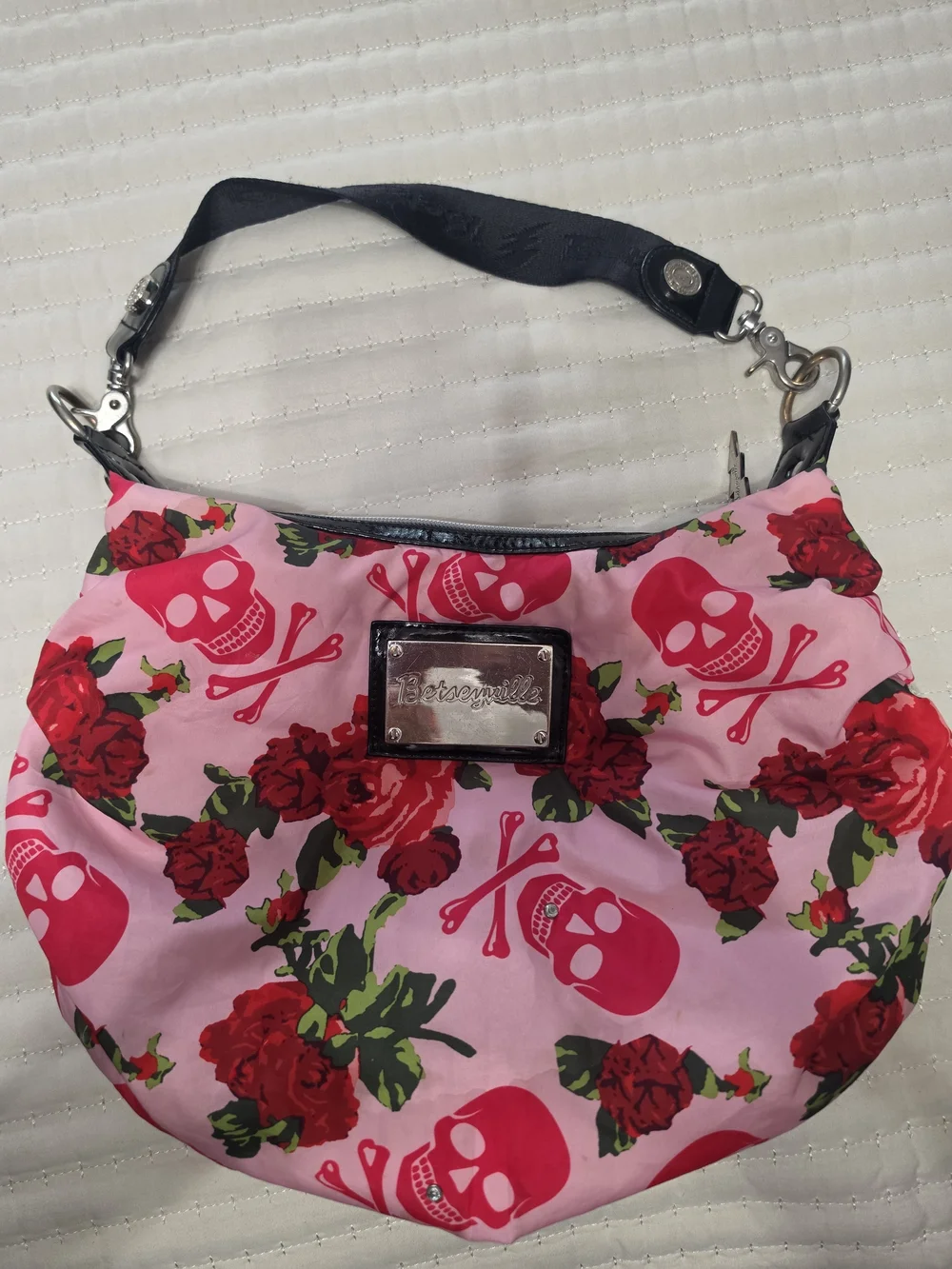 Betsey Johnson Pink Floral & Hot Pink Skull Hobo Bag